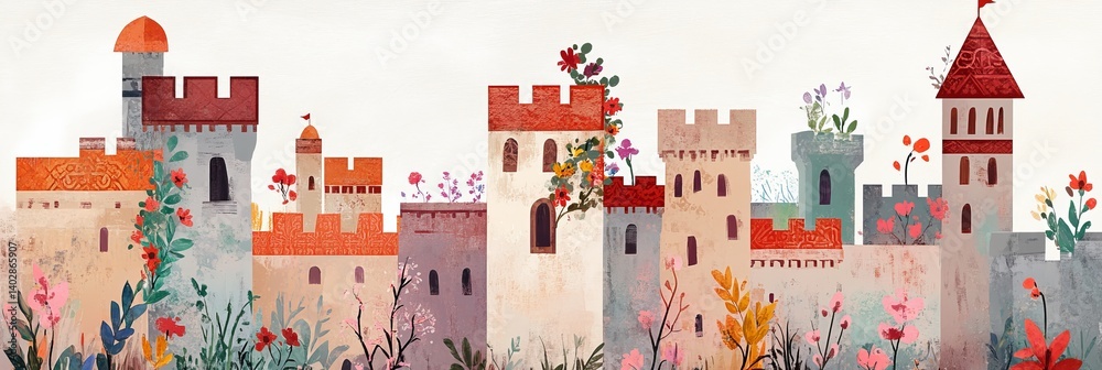 Watercolor illustration of a row of colorful castles with flowers and trees.