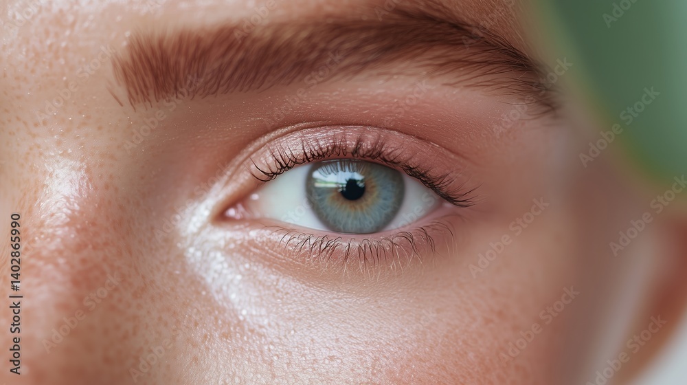 Obraz premium Close-up of a young person's striking blue eye surrounded by soft features and natural elements