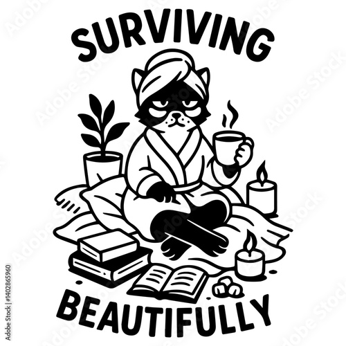 Black and white vector of a tired cat. Quote: “Surviving Beautifully.” Pure self-care.