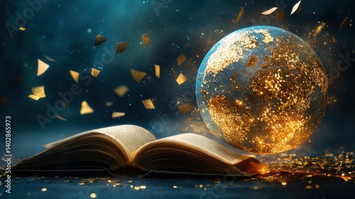 Open book creating golden earth with magic dust and light
