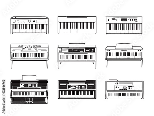 Digital Piano Line Art Icon Set