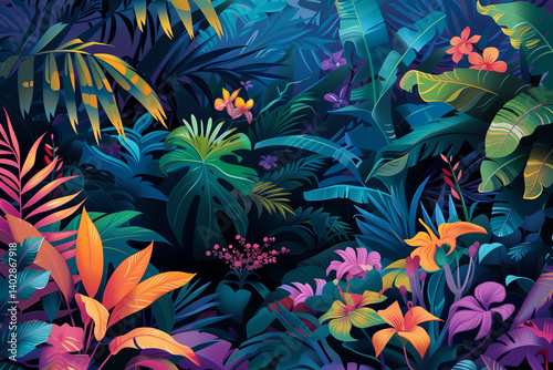 A vibrant tropical jungle background with exotic plants and flowers.