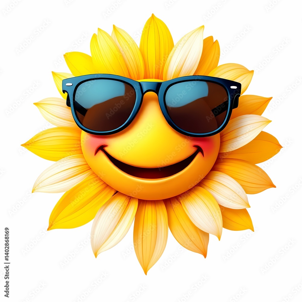 smiling flower emoticon with sunglasses isolated on a white background