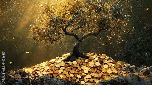 A metaphorical tree of prosperity growing from a pile of gold coins in nature