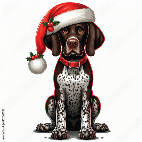 Christmas German Shorthaired Pointer Dog wearing santa claus hat Cartoon Vector Illustration isolated