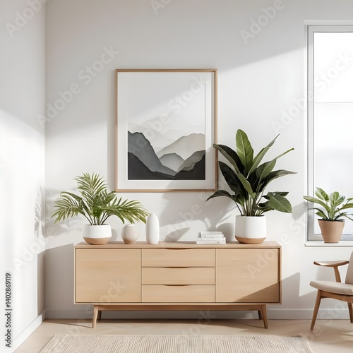 Modern Minimalist Living Room Interior with Wooden Console Table and Plants