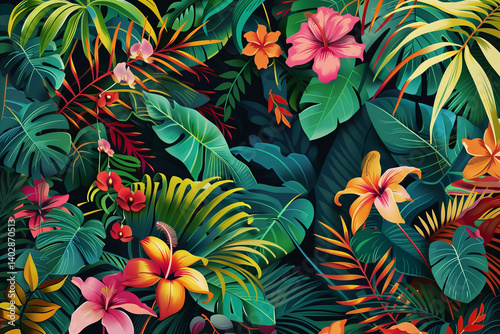 A vibrant tropical jungle background with exotic plants and flowers.