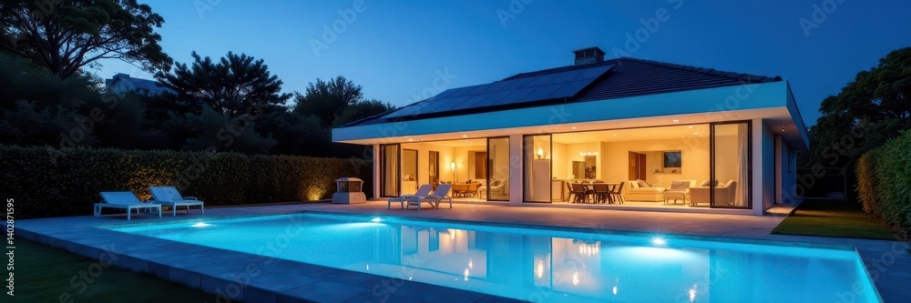 Gleaming white house, solar panels, illuminated pool at night, evening, lighting, swimming Gleaming white house, solar panels, illuminated pool at night, evening, lighting, swimming