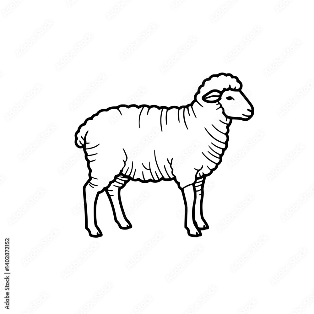 Fototapeta premium Sheep or lamb standing in vector illustration black outline. Easter symbol, agriculture, types of animals concept