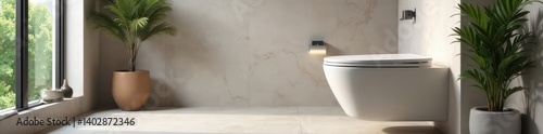 Modern ceramic toilet, minimalist bathroom design, interior, simple, style