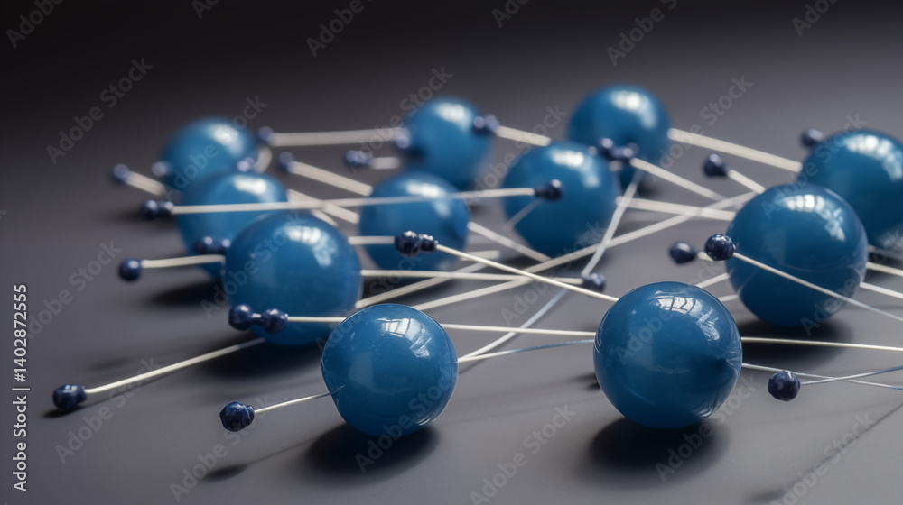 Obraz premium Blue spheres connected by white strings on a dark gray surface view