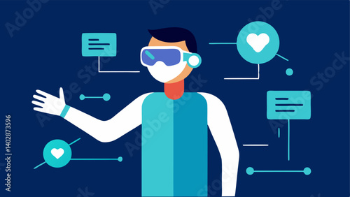 Symptom Overlay A patient wearing AR glasses points to an area on their body while a virtual interface overlays visual symptoms and health data for the doctor to assess.