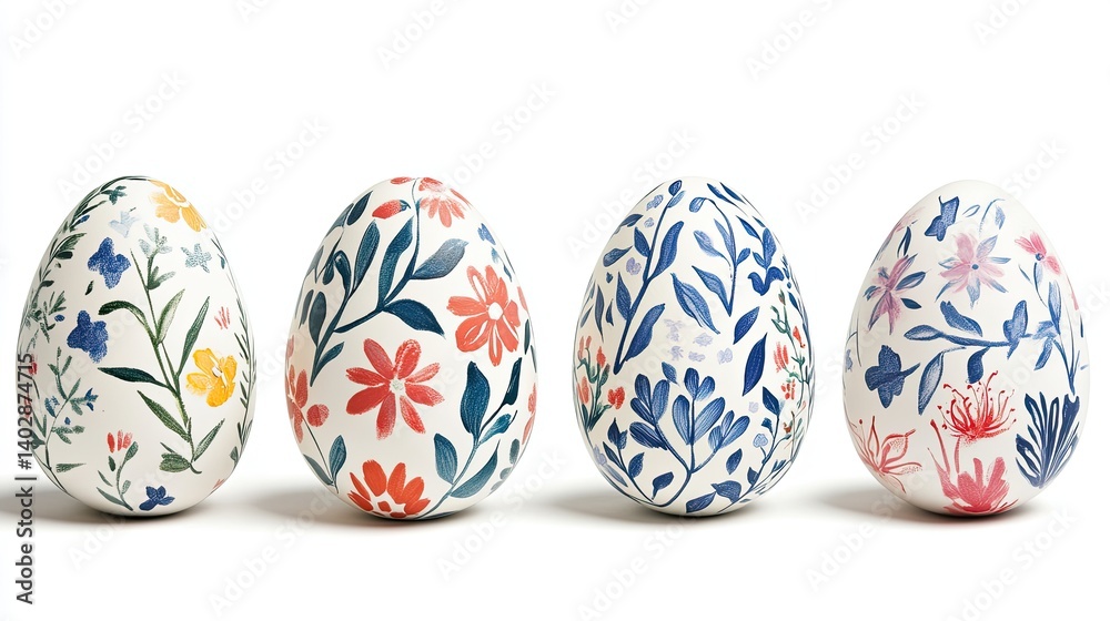 Decorative Hand-Painted Eggs with Floral Patterns on White Background