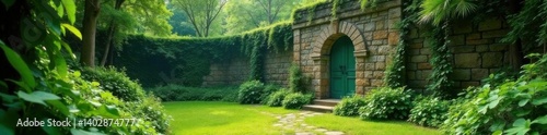 Lush greenery surrounds ancient stone structure, beach,  scenic view,  outdoor
