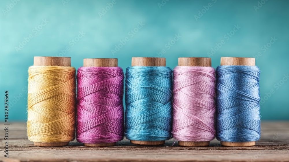 Colorful thread spools: vibrant sewing cotton reels on rustic wood with soft blue background craft supplies textile art Colorful thread spools: vibrant sewing cotton reels on rustic wood with soft blue background craft supplies textile art