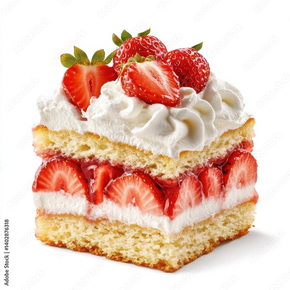 A thick slice of strawberry shortcake with a soft sponge, fresh strawberries, and whipped cream A thick slice of strawberry shortcake with a soft sponge, fresh strawberries, and whipped cream