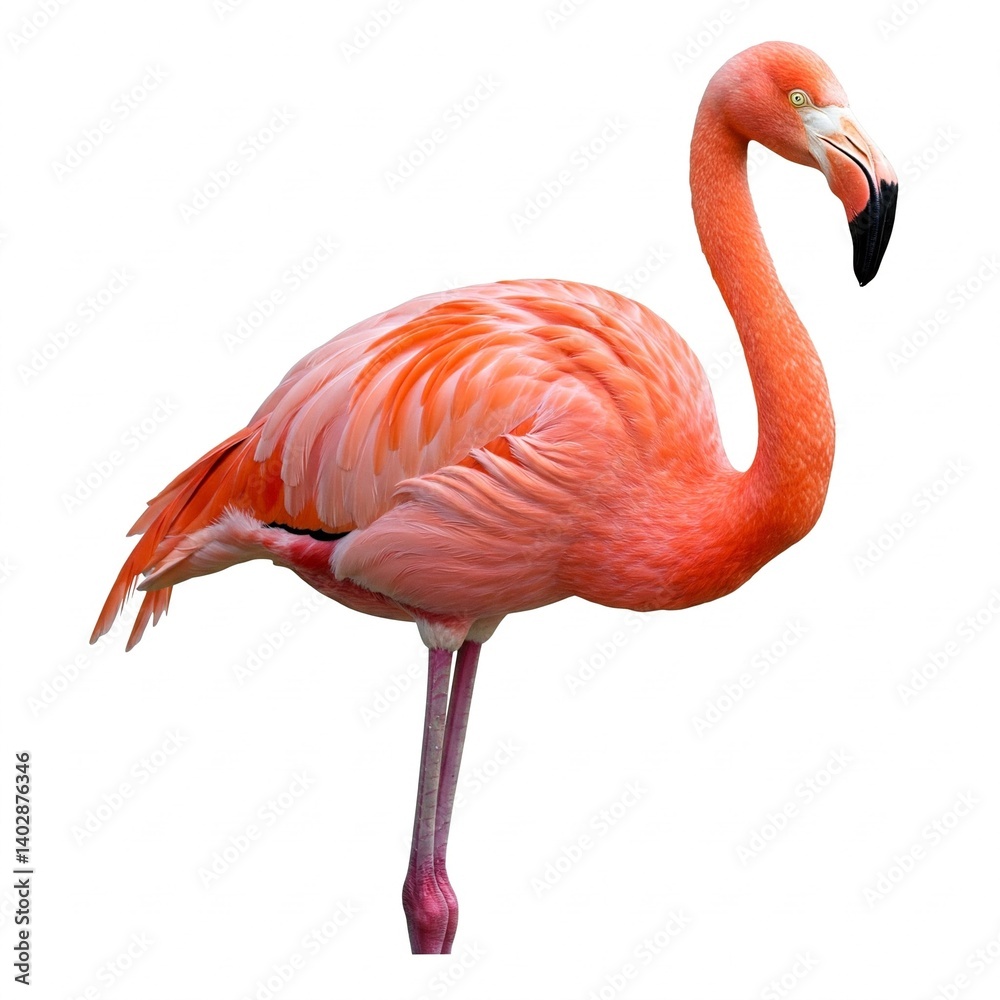 Obraz premium Isolated flamingo on a white background displaying its vibrant pink feathers and elegant stance.