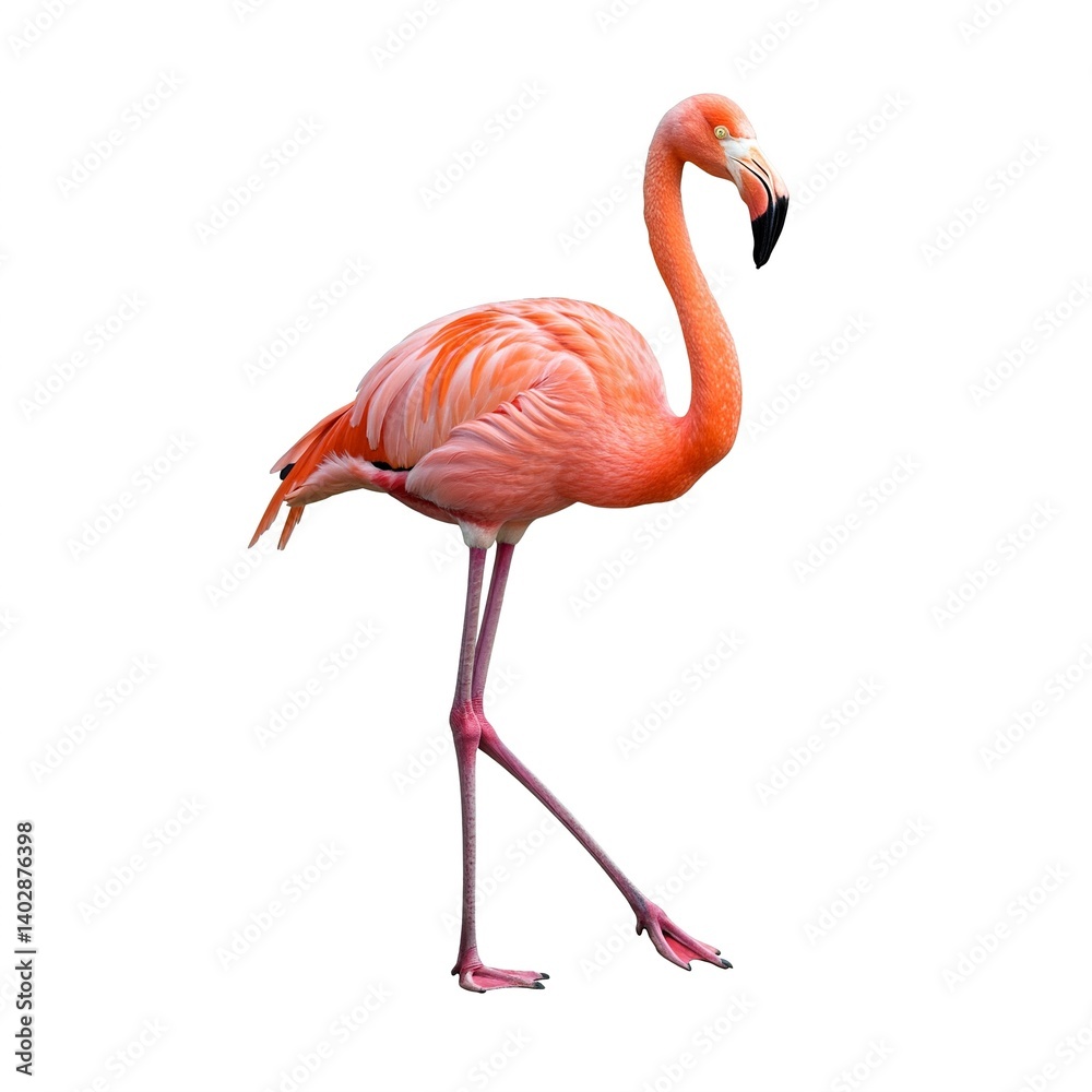 Flamingo isolated on white background showcasing its vibrant pink feathers in elegant pose.
Flamingo isolated on white background showcasing its vibrant pink feathers in elegant pose.