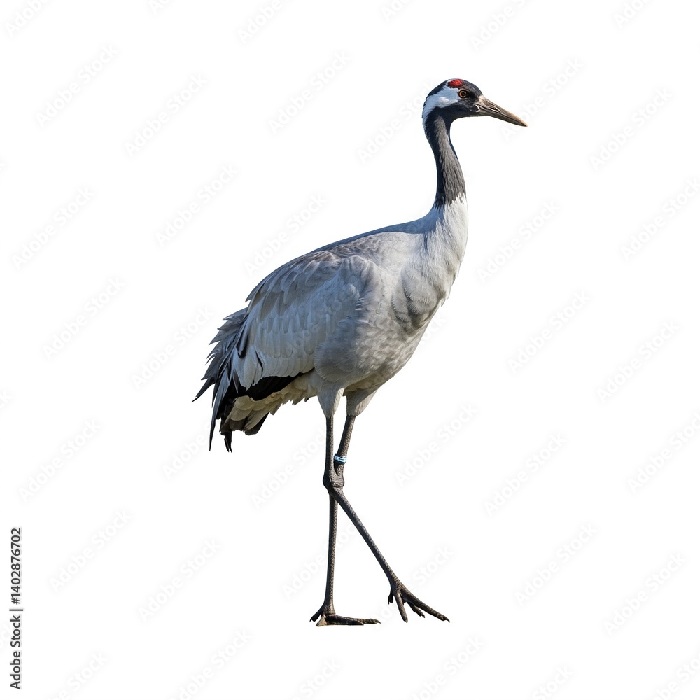 Graceful crane standing tall with long legs on white background
Graceful crane standing tall with long legs on white background