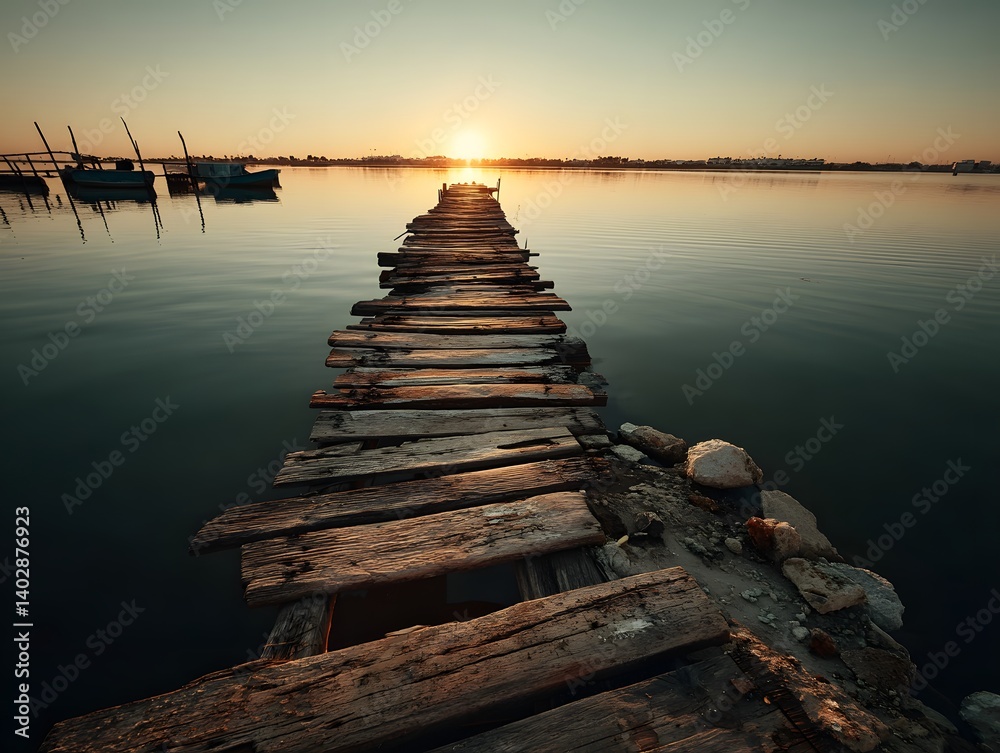 Naklejka premium Path to the Horizon: A weathered wooden pier stretches across a tranquil lake, leading towards a vibrant sunrise in the distance. The serene waters reflect the warm golden hues of the dawn.
