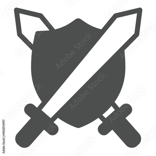 Two medieval swords and shield solid icon, city museum concept. Vector graphics. Swords and shield, armor sign on white background, glyph style icon for mobile or web design.