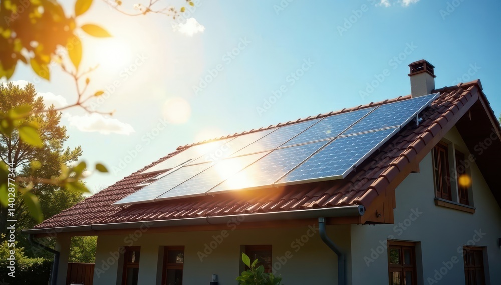 Fototapeta premium Sunlight bathes a home; rooftop solar panels gleam , house exterior, renewable