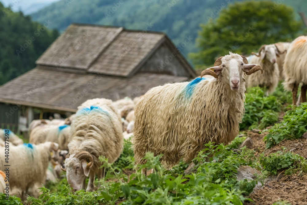Sheep farm in the Pyrenees mountains. Cheese production in France