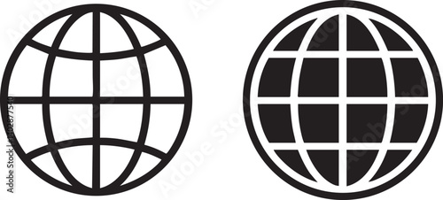 Black and White Globe Icon Vector – Global Earth Symbol for Internet and Network Design