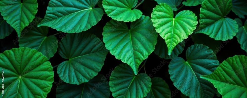 Dark, vibrant, and mysterious leaf pattern featuring various green hues and textures, tropical, leaf