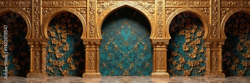 Elegant gold archway against intricate arabesque backdrop, surface, metal, elegant