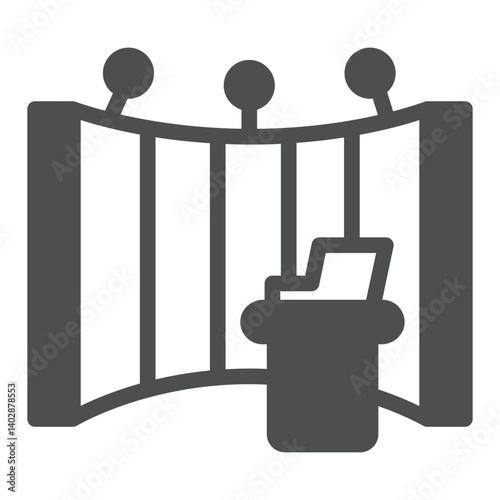 Presentation with podium and laptop solid icon, exhibition concept. Vector graphics. Product promotion stand, rollup sign on white background, glyph style icon for mobile or web design.