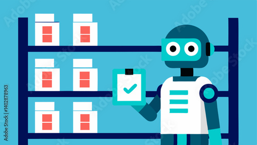 Robotic Inventory Management A robot scanning inventory shelves in a medical supply room with a digital checklist updating in realtime on a screen attached to its side.