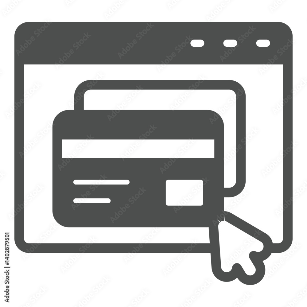 Website with credit cards and mouse cursor solid icon, black friday concept. Vector graphics. Browser page with payment, window sign on white background, glyph style icon for mobile or web design. Website with credit cards and mouse cursor solid icon, black friday concept. Vector graphics. Browser page with payment, window sign on white background, glyph style icon for mobile or web design.