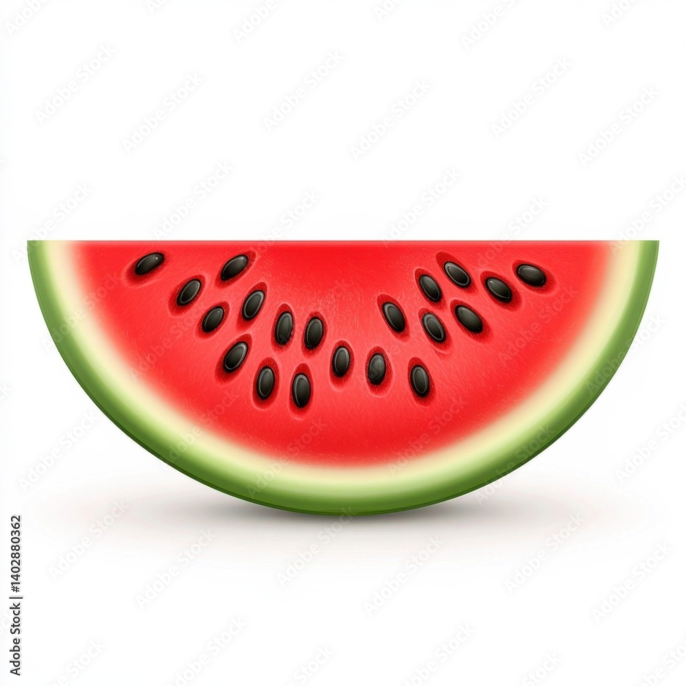 A vibrant juicy watermelon slice with refreshing red flesh and black seeds, isolated white background, hyperrealism art style A vibrant juicy watermelon slice with refreshing red flesh and black seeds, isolated white background, hyperrealism art style