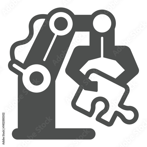 Jigsaw puzzle piece in robotic arm solid icon, robotics concept. Vector graphics. Robotic arm sign on white background, glyph style icon for mobile or web design.
