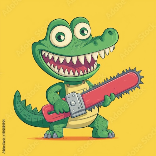 Wallpaper Mural A cheerful crocodile character wielding a chainsaw.  It's a cartoon illustration of a friendly-looking, slightly exaggerated crocodile with wide eyes and a toothy grin. Torontodigital.ca