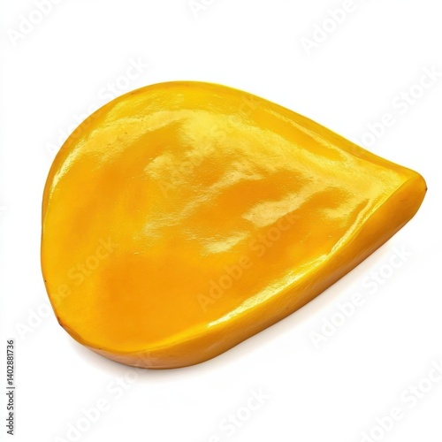 A vibrant smooth mango slice with a rich yellow color and tender texture, isolated white background, hyperrealism art style