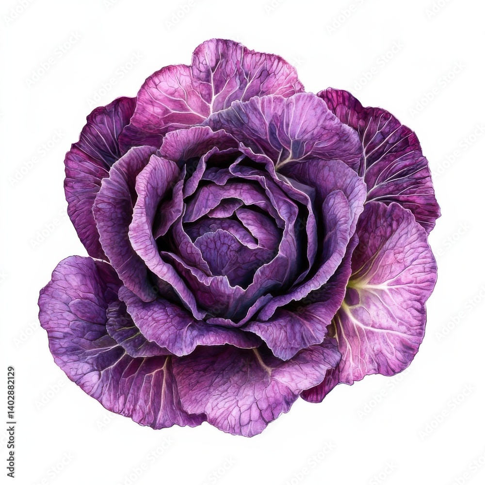 Obraz premium A vibrant tender purple cabbage with crisp texture and deep color, isolated white background, hyperrealism art style
