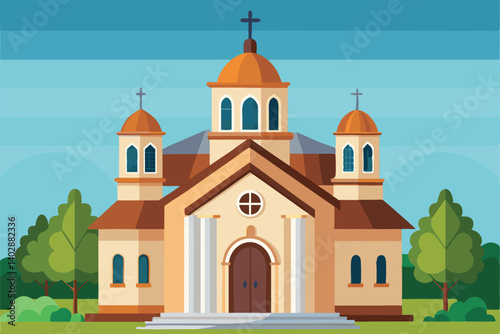 A church surrounded by nature in a peaceful village setting