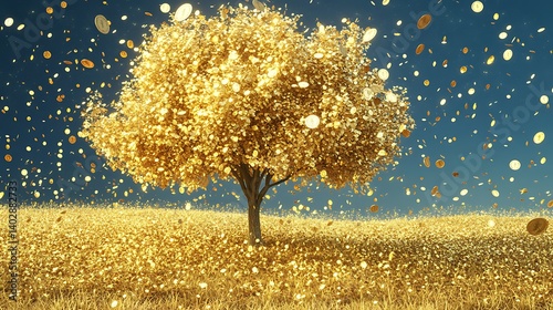 Majestic golden money tree standing tall in a tranquil meadow sparkling with golden leaves gentle breeze