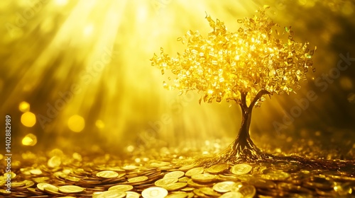 Enchanting golden money tree spreading golden light in a fantasy forest magical aura