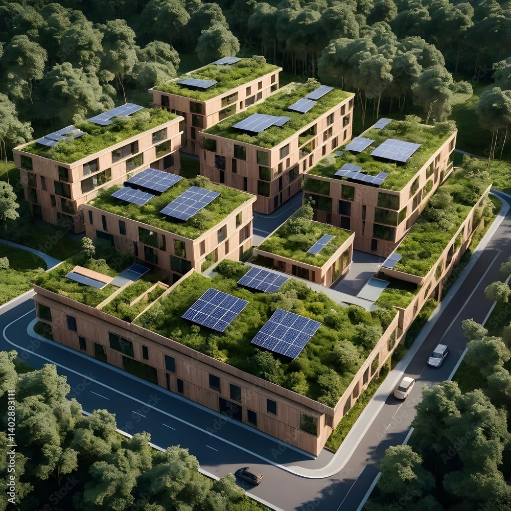 Fototapeta premium Eco-Friendly Apartment Complex with Green Roofs and Solar Panels