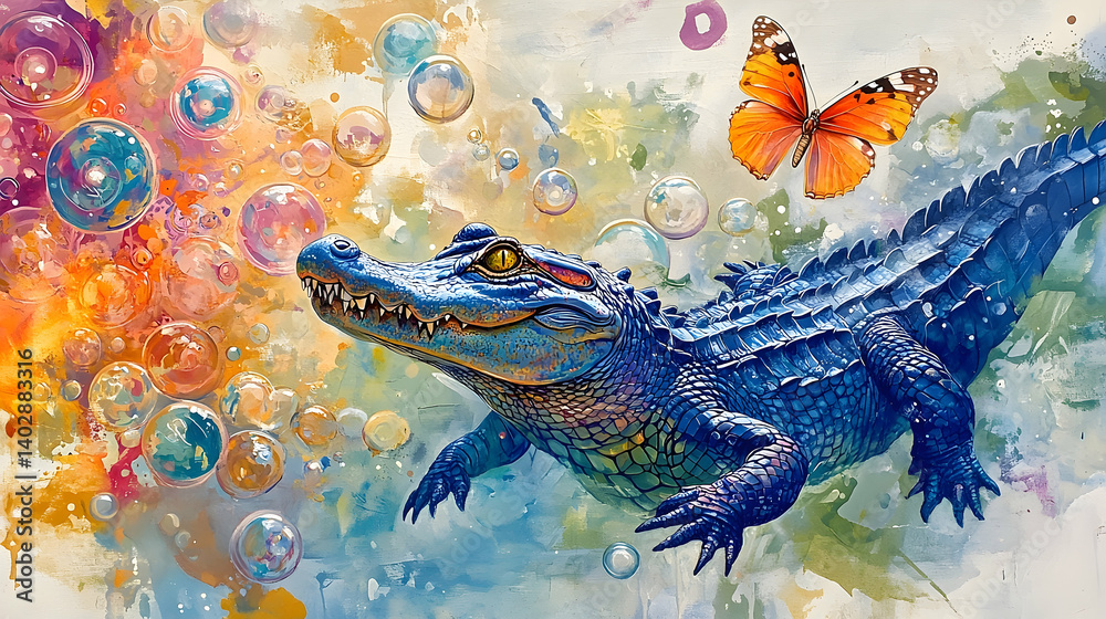 Fototapeta premium A vibrant alligator surrounded by colorful bubbles and a butterfly.