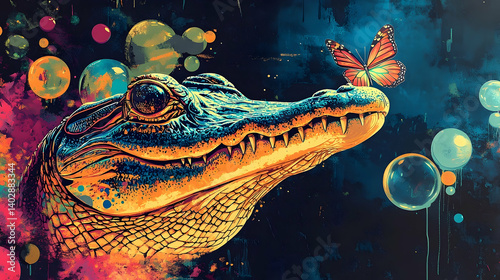 A vibrant alligator with bubbles and a butterfly, a whimsical portrait.