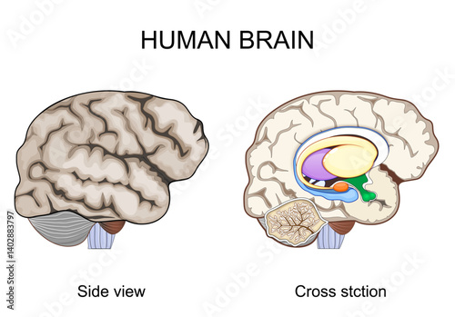 Brain anatomy. Cross-sectional view. Side view of a Cerebral cortex