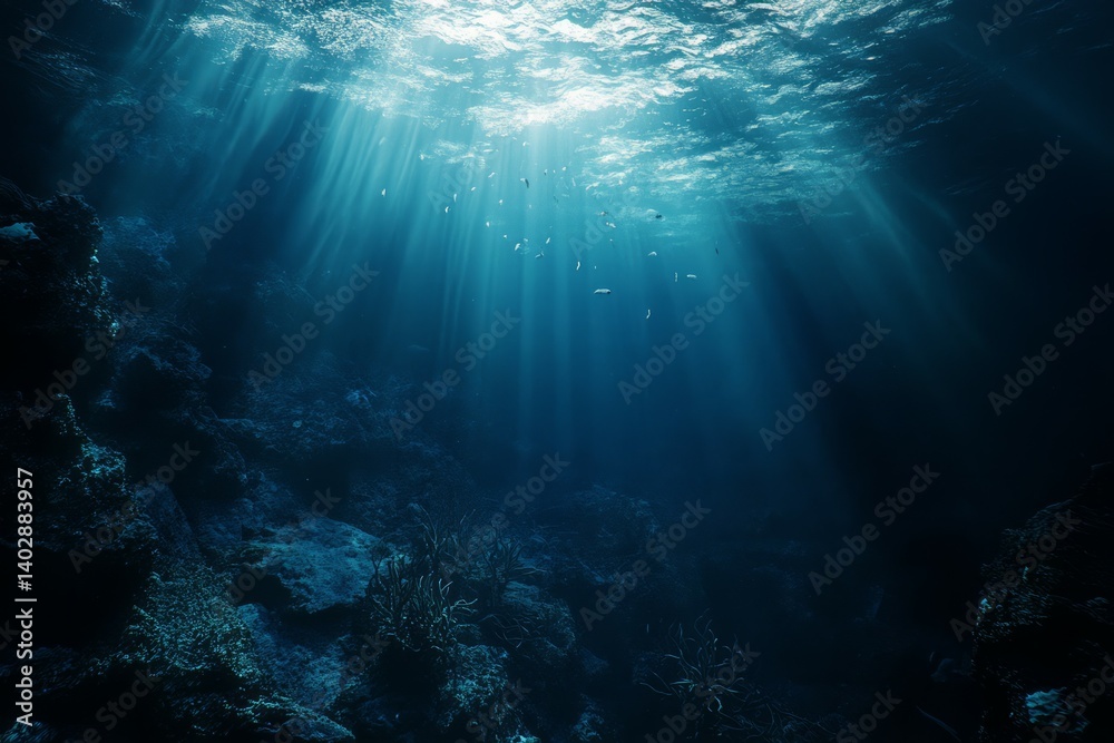Fototapeta premium Underwater seascape with sunlight reflections. AI generated