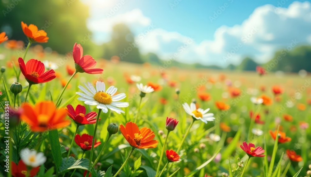 Vibrant wildflowers in full bloom, sunny meadow , day, bee Vibrant wildflowers in full bloom, sunny meadow , day, bee