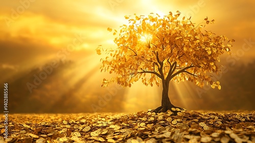 Elegant golden money tree with cascading golden leaves glowing softly under the sunrise