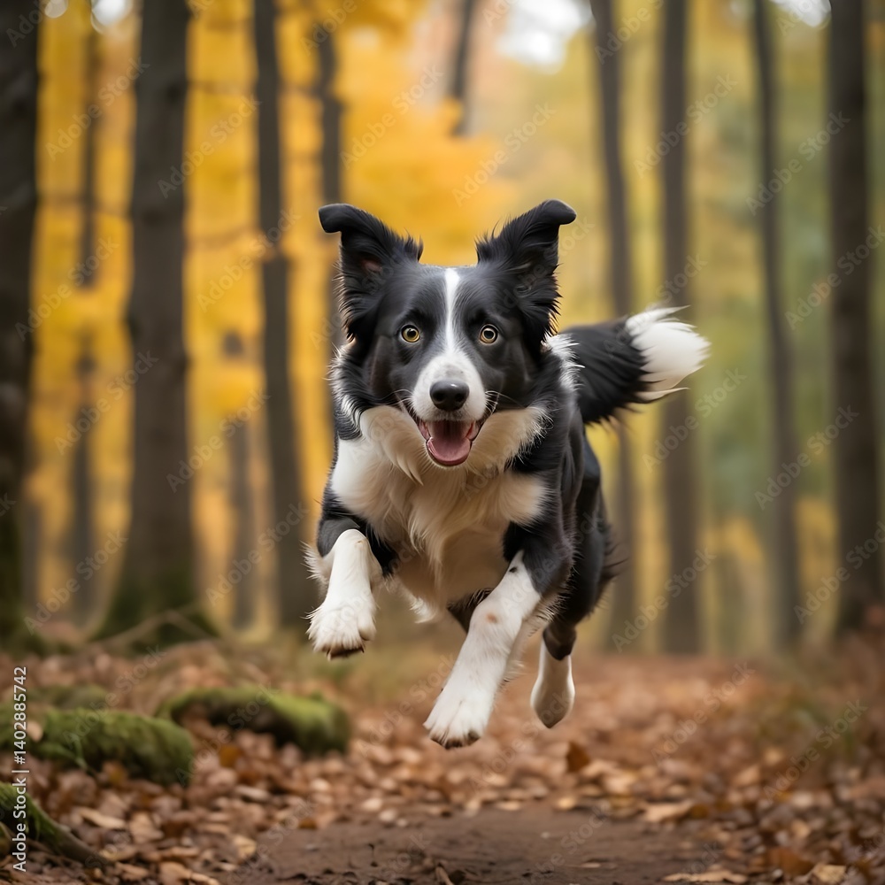 Happy Border Collie Running Through Autumn Forest Happy Border Collie Running Through Autumn Forest
