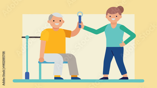 Senior Fitness Program A volunteer assisting a senior with limited mobility in a gentle exercise class using adaptive equipment like resistance bands.